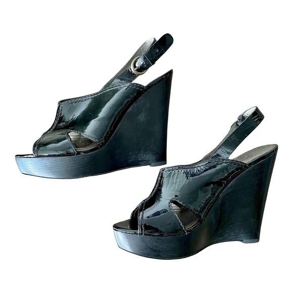 Alain Saint-Joanis Shoes - Joan & David Womens Avery Wedges Black Patent Leather Peep Toes Shoes 6.5 M